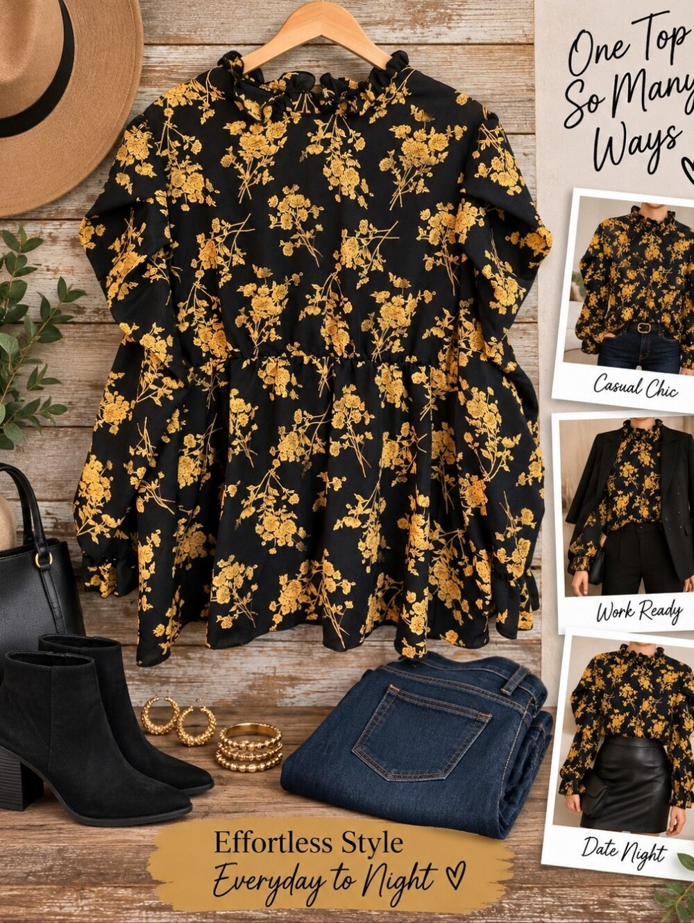 SHEIN Curve 2XL Black Mustard Floral Peplum Blouse Ruffle Neck Boho Top